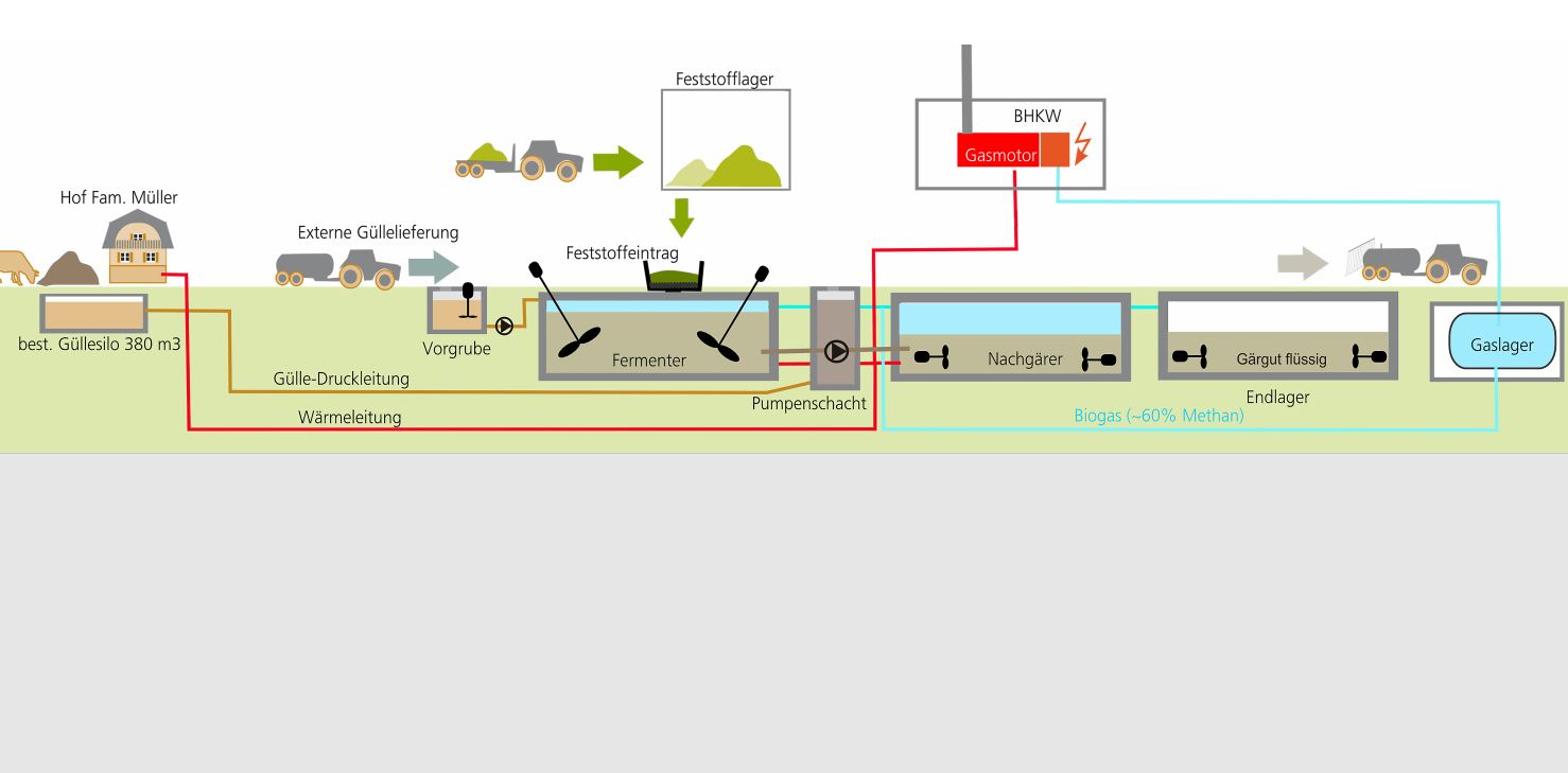 Schema der Materialflüsse auf der Biogasanlage inkl. BHKW und Holzschnitzelheizung der Müller Energie GmbH, Thayngen